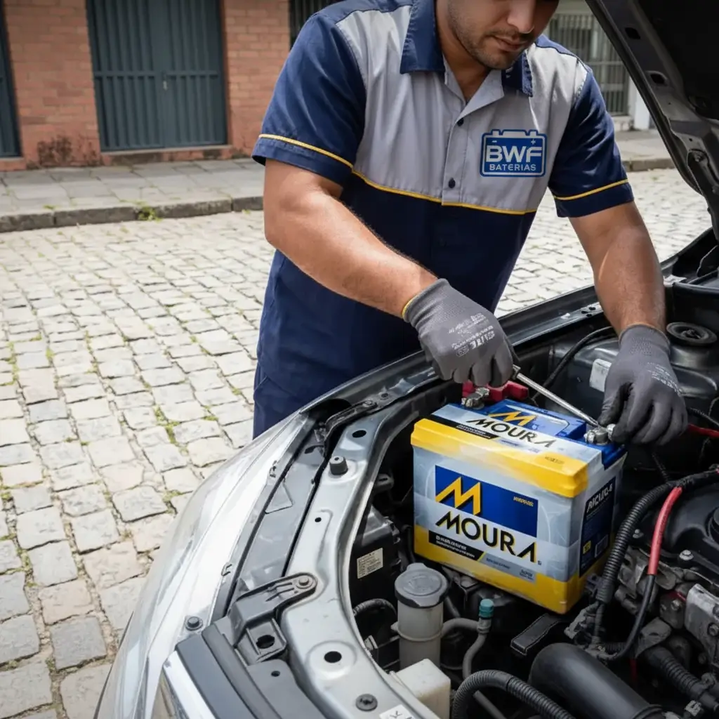Técnico da BWF instalando Bateria Moura